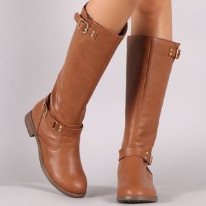 Textured Leather Buckled Flat Heel Riding Boots
